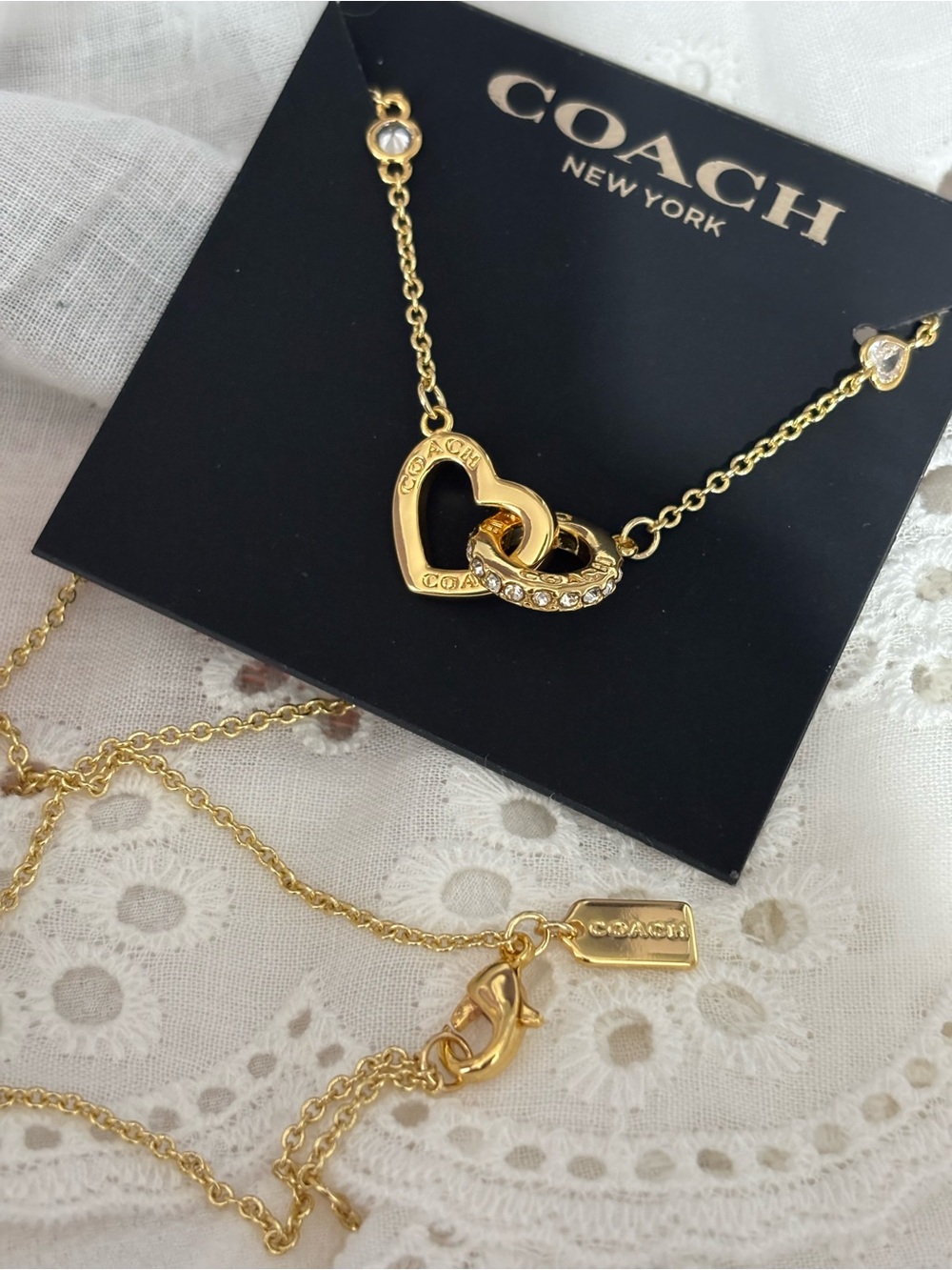 Coach Gold-Tone Heart & Crystal Link Necklace